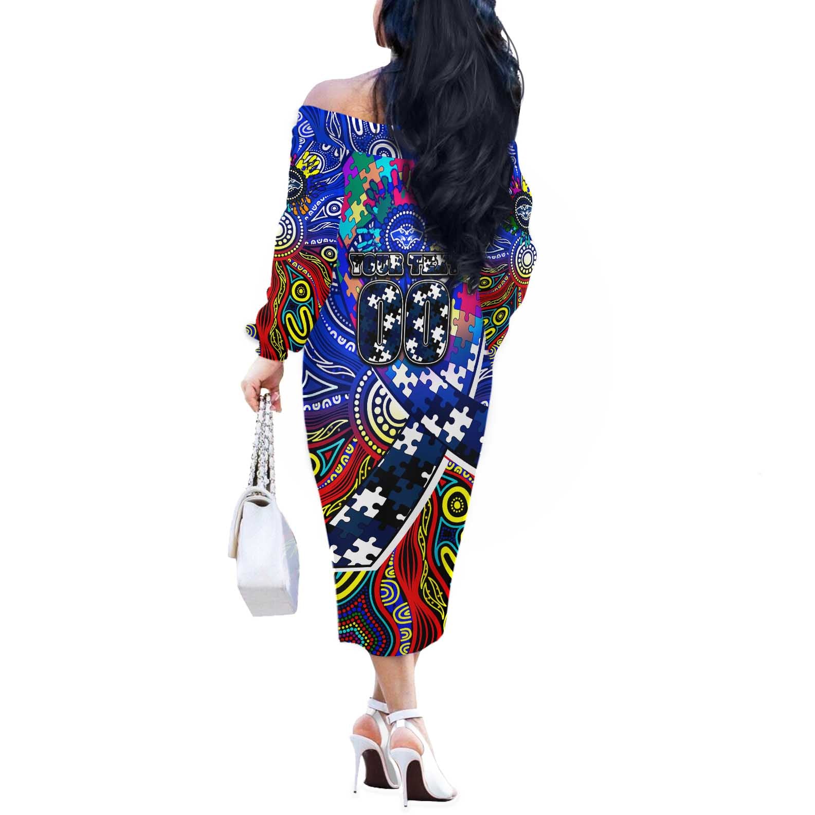 Autism Awareness Australia Geelong Cats Off The Shoulder Long Sleeve Dress Aboriginal Indigenous Art