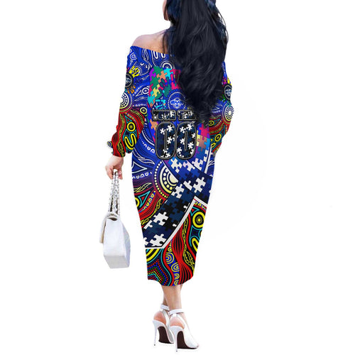 Autism Awareness Australia Geelong Cats Off The Shoulder Long Sleeve Dress Aboriginal Indigenous Art