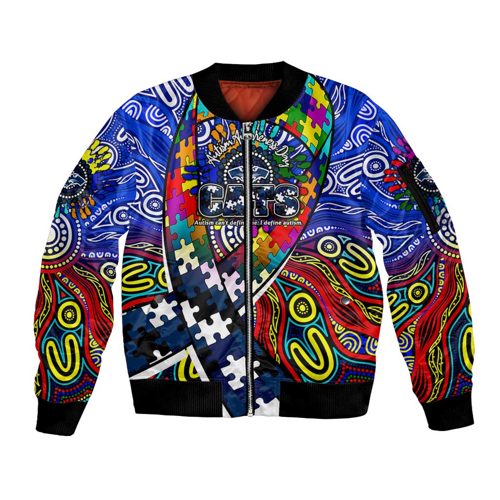 Autism Awareness Australia Geelong Cats Sleeve Zip Bomber Jacket Aboriginal Indigenous Art
