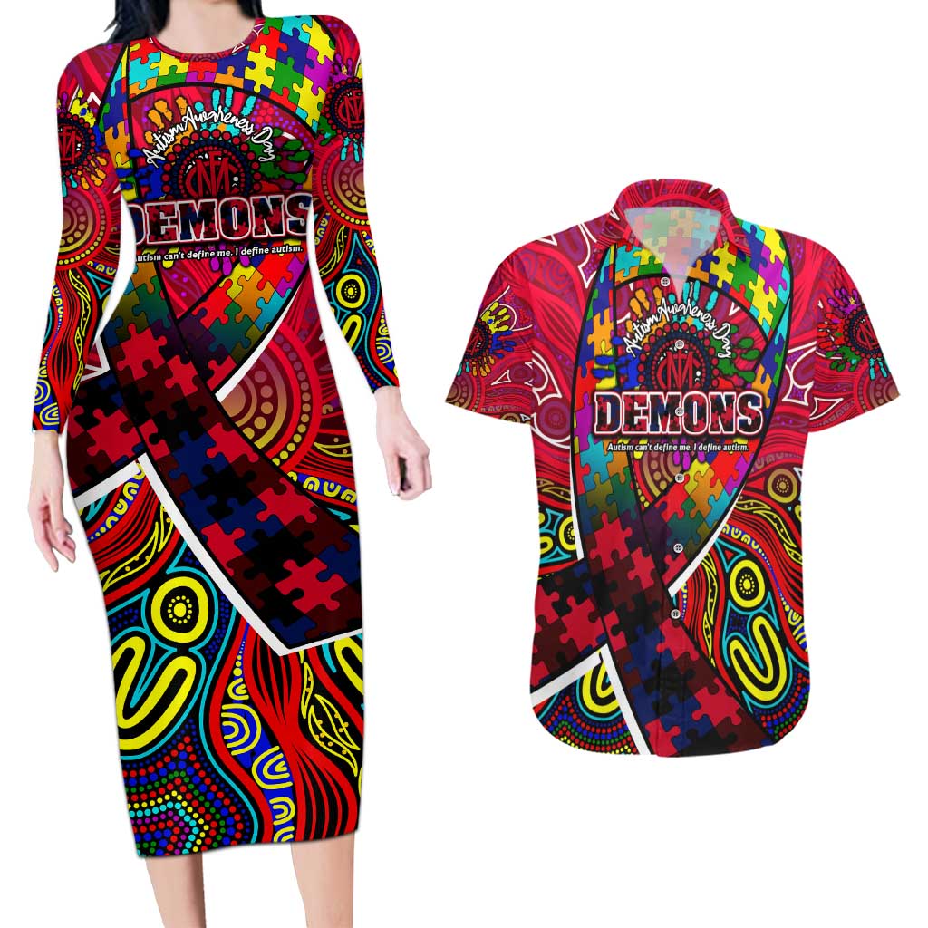 Autism Awareness Australia Melbourne Demons Couples Matching Long Sleeve Bodycon Dress and Hawaiian Shirt Aboriginal Indigenous Art