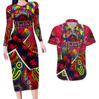 Autism Awareness Australia Melbourne Demons Couples Matching Long Sleeve Bodycon Dress and Hawaiian Shirt Aboriginal Indigenous Art