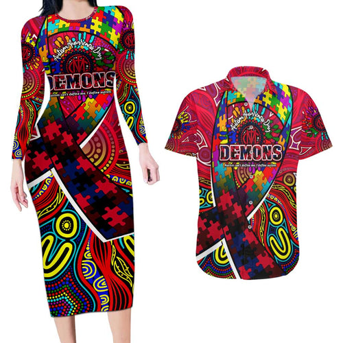 Autism Awareness Australia Melbourne Demons Couples Matching Long Sleeve Bodycon Dress and Hawaiian Shirt Aboriginal Indigenous Art