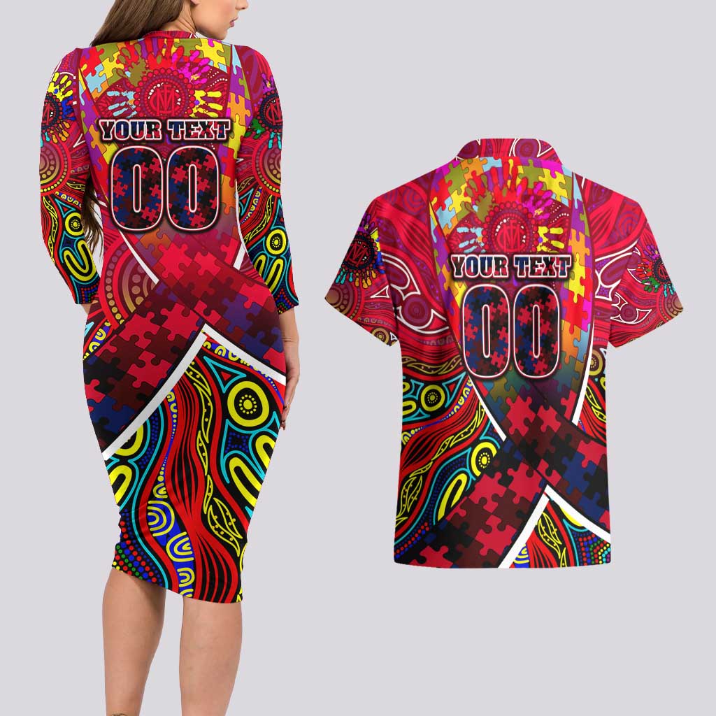 Autism Awareness Australia Melbourne Demons Couples Matching Long Sleeve Bodycon Dress and Hawaiian Shirt Aboriginal Indigenous Art