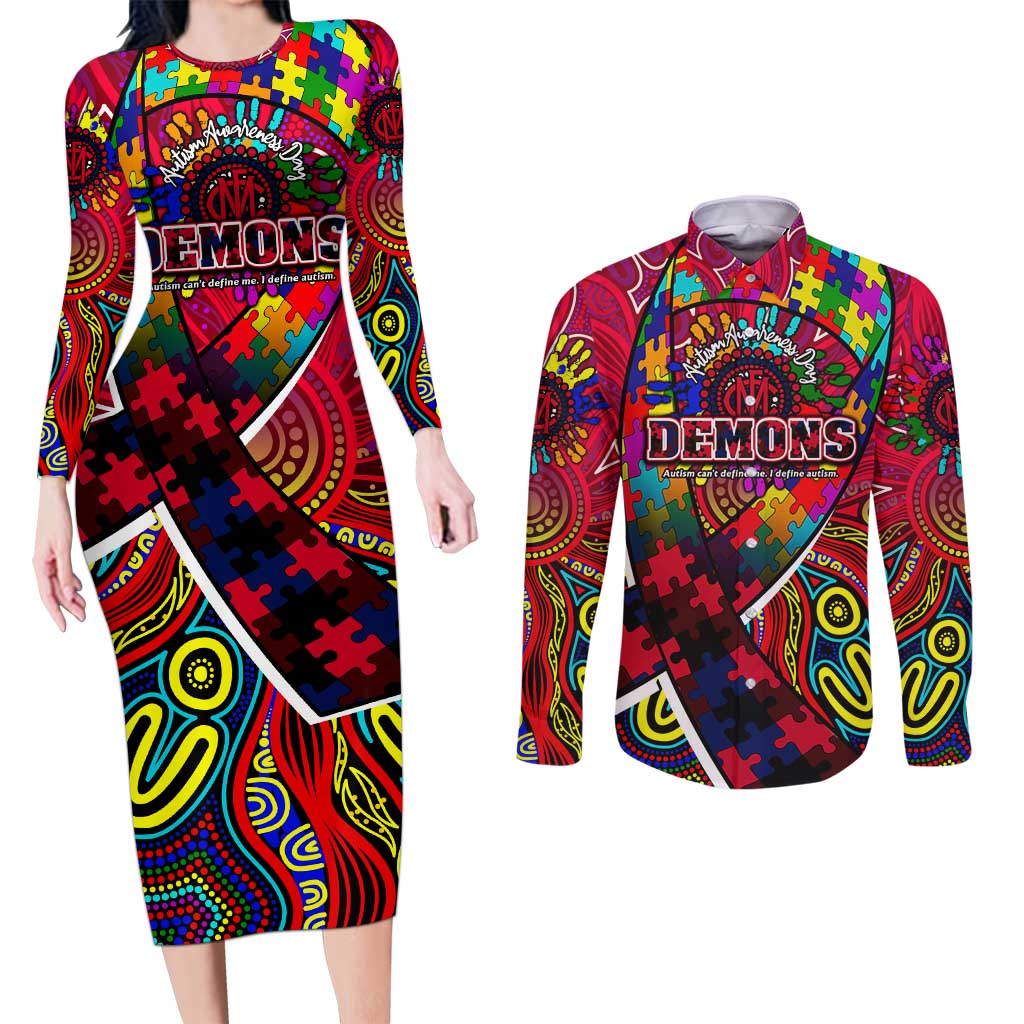 Autism Awareness Australia Melbourne Demons Couples Matching Long Sleeve Bodycon Dress and Long Sleeve Button Shirt Aboriginal Indigenous Art