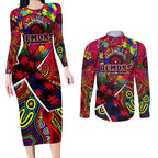 Autism Awareness Australia Melbourne Demons Couples Matching Long Sleeve Bodycon Dress and Long Sleeve Button Shirt Aboriginal Indigenous Art