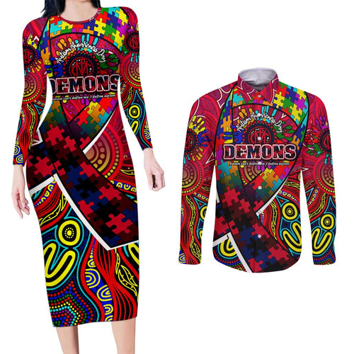 Autism Awareness Australia Melbourne Demons Couples Matching Long Sleeve Bodycon Dress and Long Sleeve Button Shirt Aboriginal Indigenous Art