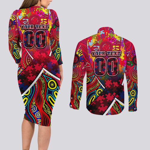 Autism Awareness Australia Melbourne Demons Couples Matching Long Sleeve Bodycon Dress and Long Sleeve Button Shirt Aboriginal Indigenous Art