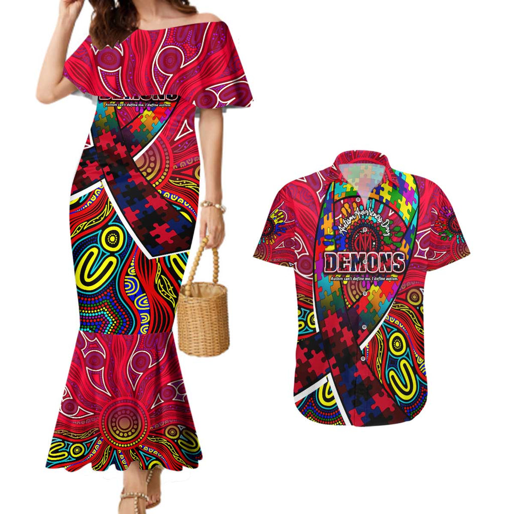 Autism Awareness Australia Melbourne Demons Couples Matching Mermaid Dress and Hawaiian Shirt Aboriginal Indigenous Art