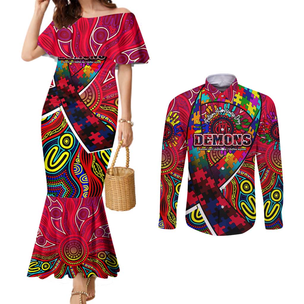 Autism Awareness Australia Melbourne Demons Couples Matching Mermaid Dress and Long Sleeve Button Shirt Aboriginal Indigenous Art