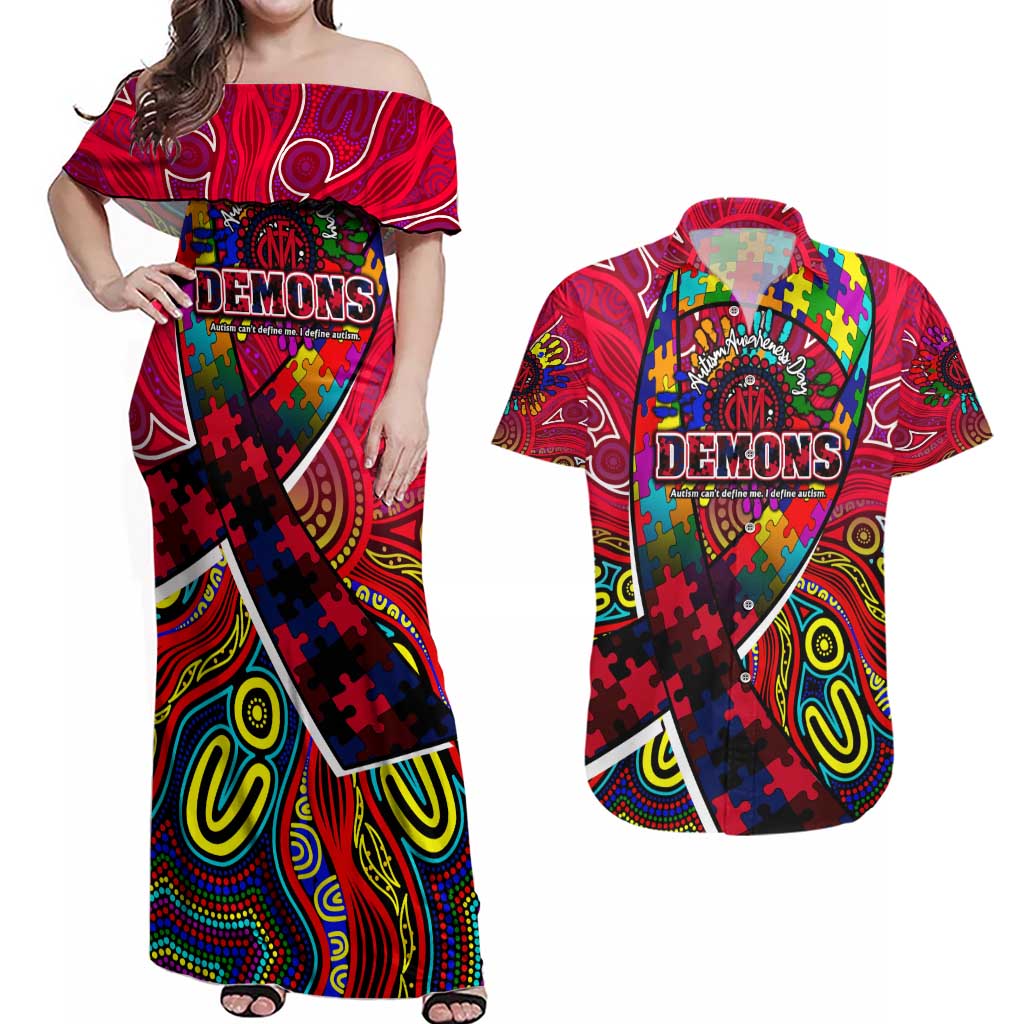 Autism Awareness Australia Melbourne Demons Couples Matching Off Shoulder Maxi Dress and Hawaiian Shirt Aboriginal Indigenous Art