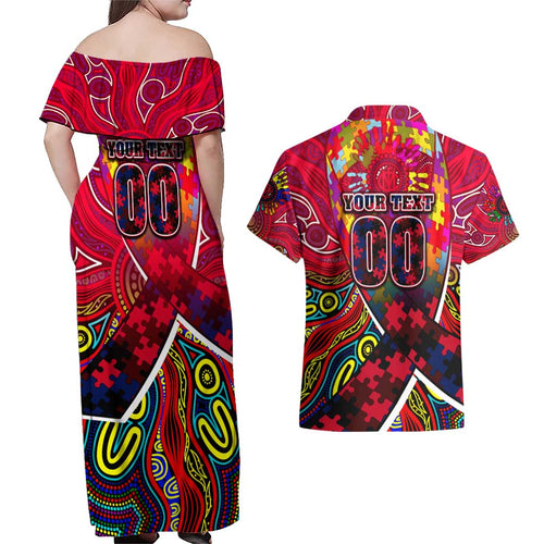 Autism Awareness Australia Melbourne Demons Couples Matching Off Shoulder Maxi Dress and Hawaiian Shirt Aboriginal Indigenous Art