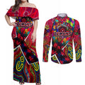 Autism Awareness Australia Melbourne Demons Couples Matching Off Shoulder Maxi Dress and Long Sleeve Button Shirt Aboriginal Indigenous Art