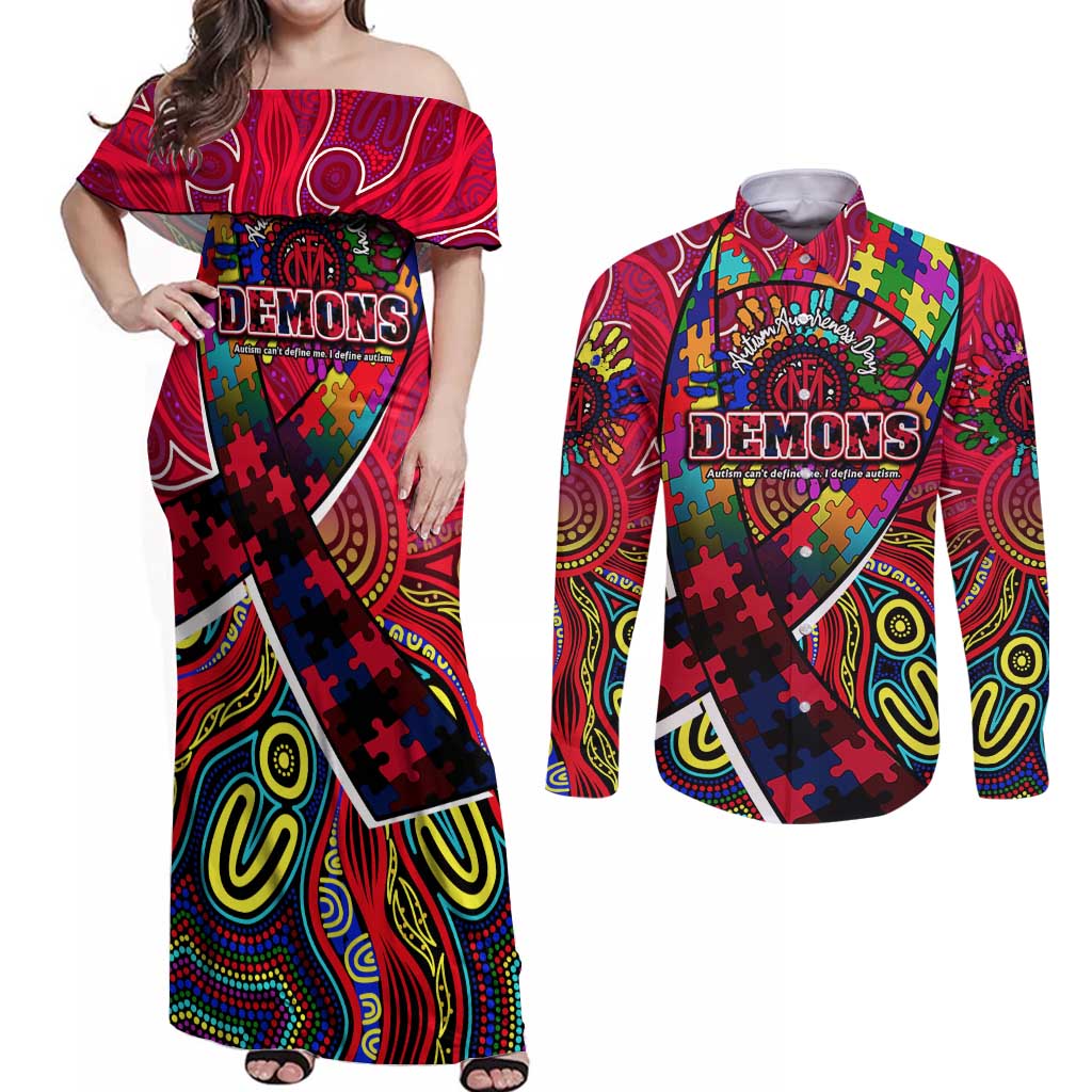 Autism Awareness Australia Melbourne Demons Couples Matching Off Shoulder Maxi Dress and Long Sleeve Button Shirt Aboriginal Indigenous Art