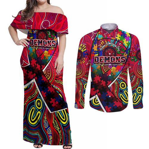 Autism Awareness Australia Melbourne Demons Couples Matching Off Shoulder Maxi Dress and Long Sleeve Button Shirt Aboriginal Indigenous Art
