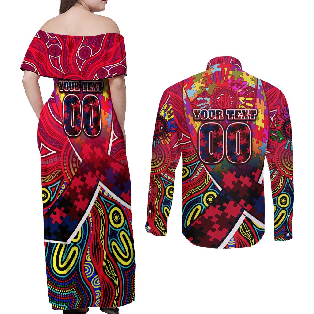 Autism Awareness Australia Melbourne Demons Couples Matching Off Shoulder Maxi Dress and Long Sleeve Button Shirt Aboriginal Indigenous Art