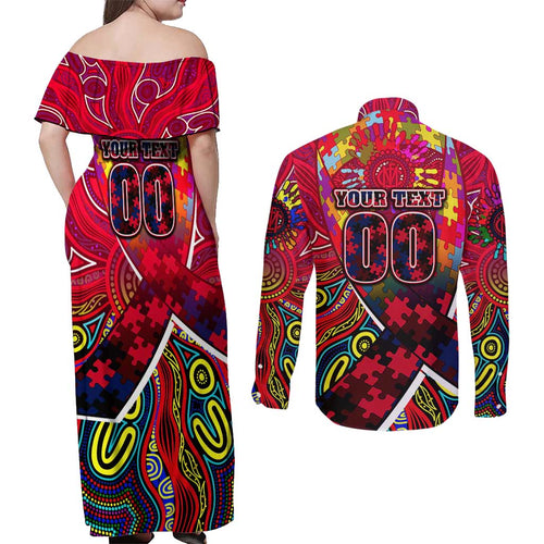 Autism Awareness Australia Melbourne Demons Couples Matching Off Shoulder Maxi Dress and Long Sleeve Button Shirt Aboriginal Indigenous Art