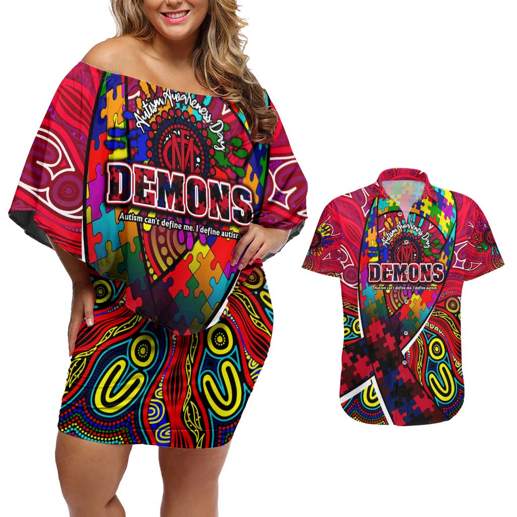 Autism Awareness Australia Melbourne Demons Couples Matching Off Shoulder Short Dress and Hawaiian Shirt Aboriginal Indigenous Art