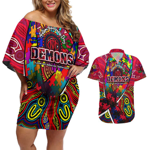 Autism Awareness Australia Melbourne Demons Couples Matching Off Shoulder Short Dress and Hawaiian Shirt Aboriginal Indigenous Art