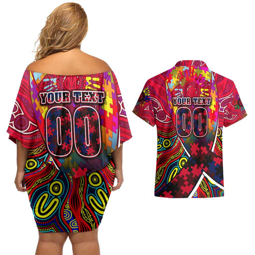 Autism Awareness Australia Melbourne Demons Couples Matching Off Shoulder Short Dress and Hawaiian Shirt Aboriginal Indigenous Art