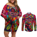Autism Awareness Australia Melbourne Demons Couples Matching Off Shoulder Short Dress and Long Sleeve Button Shirt Aboriginal Indigenous Art