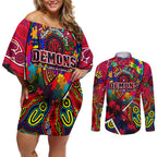 Autism Awareness Australia Melbourne Demons Couples Matching Off Shoulder Short Dress and Long Sleeve Button Shirt Aboriginal Indigenous Art
