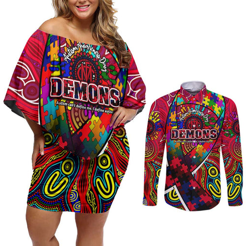 Autism Awareness Australia Melbourne Demons Couples Matching Off Shoulder Short Dress and Long Sleeve Button Shirt Aboriginal Indigenous Art