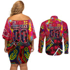 Autism Awareness Australia Melbourne Demons Couples Matching Off Shoulder Short Dress and Long Sleeve Button Shirt Aboriginal Indigenous Art