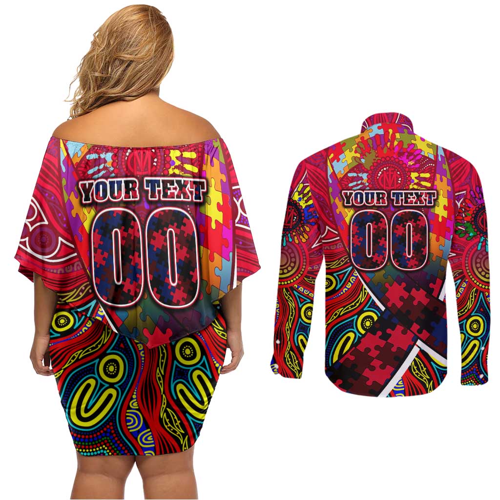 Autism Awareness Australia Melbourne Demons Couples Matching Off Shoulder Short Dress and Long Sleeve Button Shirt Aboriginal Indigenous Art