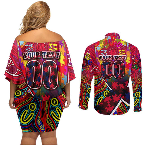 Autism Awareness Australia Melbourne Demons Couples Matching Off Shoulder Short Dress and Long Sleeve Button Shirt Aboriginal Indigenous Art