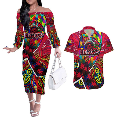 Autism Awareness Australia Melbourne Demons Couples Matching Off The Shoulder Long Sleeve Dress and Hawaiian Shirt Aboriginal Indigenous Art