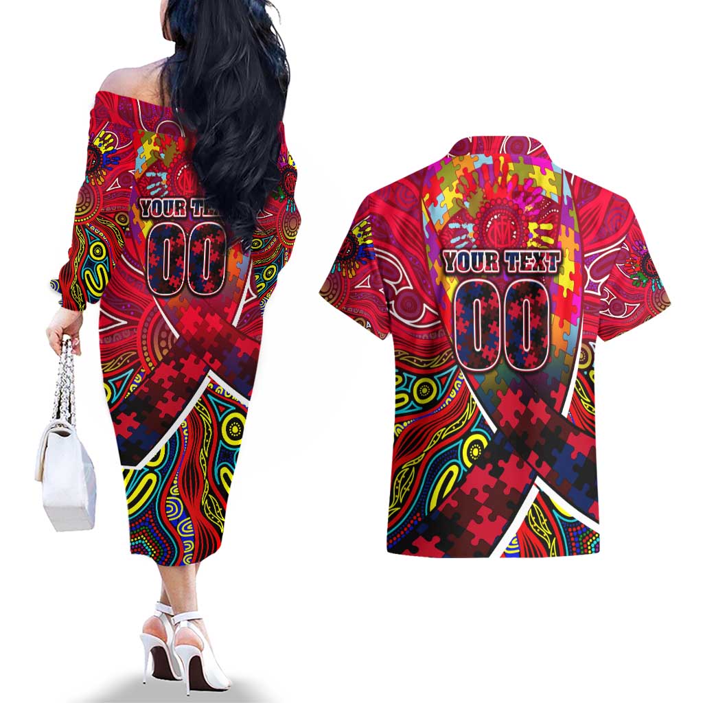 Autism Awareness Australia Melbourne Demons Couples Matching Off The Shoulder Long Sleeve Dress and Hawaiian Shirt Aboriginal Indigenous Art