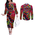 Autism Awareness Australia Melbourne Demons Couples Matching Off The Shoulder Long Sleeve Dress and Long Sleeve Button Shirt Aboriginal Indigenous Art