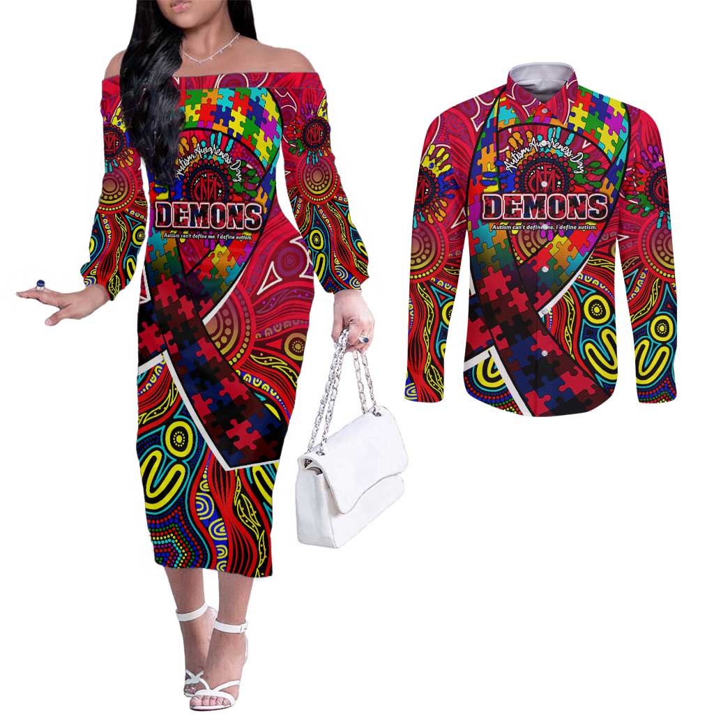 Autism Awareness Australia Melbourne Demons Couples Matching Off The Shoulder Long Sleeve Dress and Long Sleeve Button Shirt Aboriginal Indigenous Art