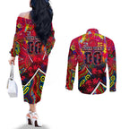 Autism Awareness Australia Melbourne Demons Couples Matching Off The Shoulder Long Sleeve Dress and Long Sleeve Button Shirt Aboriginal Indigenous Art