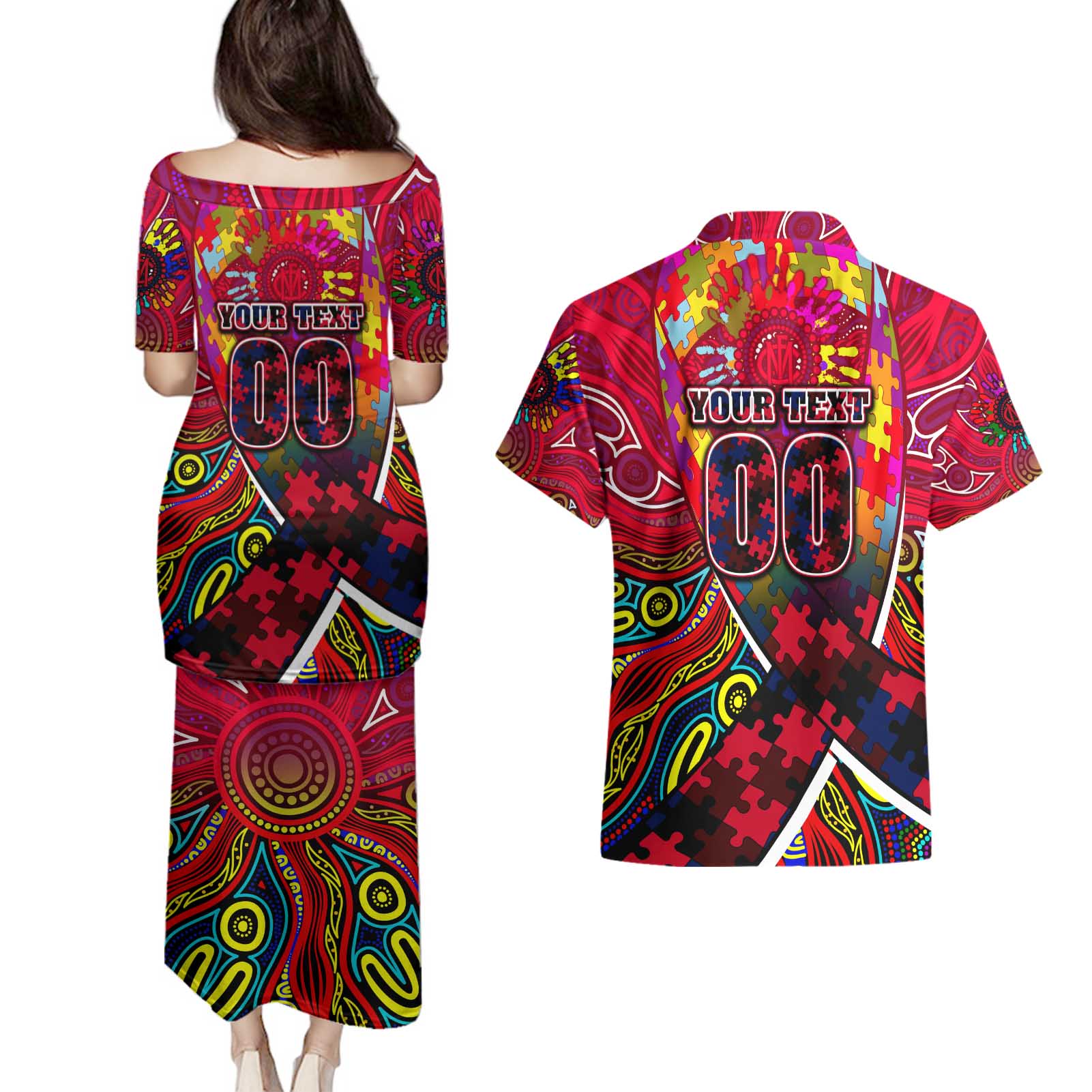 Autism Awareness Australia Melbourne Demons Couples Matching Puletasi and Hawaiian Shirt Aboriginal Indigenous Art