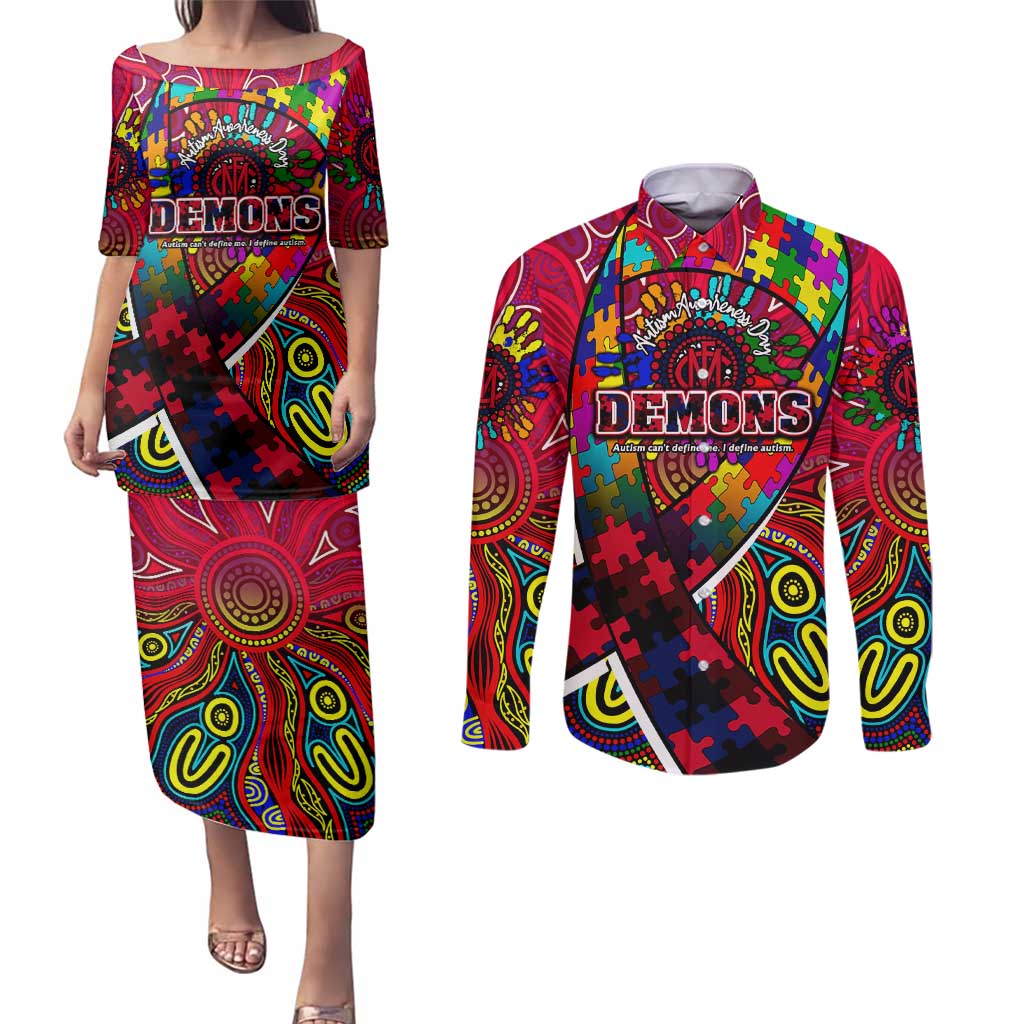 Autism Awareness Australia Melbourne Demons Couples Matching Puletasi and Long Sleeve Button Shirt Aboriginal Indigenous Art
