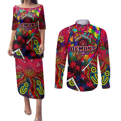 Autism Awareness Australia Melbourne Demons Couples Matching Puletasi and Long Sleeve Button Shirt Aboriginal Indigenous Art