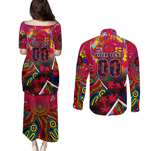 Autism Awareness Australia Melbourne Demons Couples Matching Puletasi and Long Sleeve Button Shirt Aboriginal Indigenous Art