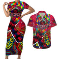 Autism Awareness Australia Melbourne Demons Couples Matching Short Sleeve Bodycon Dress and Hawaiian Shirt Aboriginal Indigenous Art