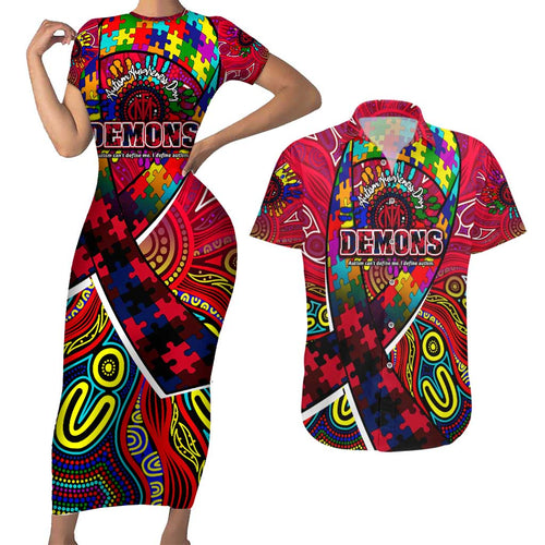 Autism Awareness Australia Melbourne Demons Couples Matching Short Sleeve Bodycon Dress and Hawaiian Shirt Aboriginal Indigenous Art