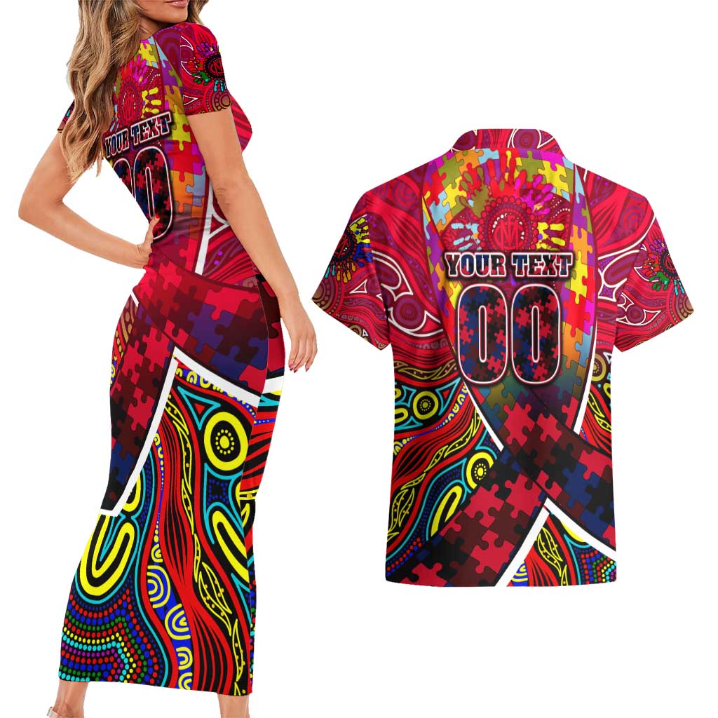 Autism Awareness Australia Melbourne Demons Couples Matching Short Sleeve Bodycon Dress and Hawaiian Shirt Aboriginal Indigenous Art