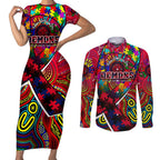 Autism Awareness Australia Melbourne Demons Couples Matching Short Sleeve Bodycon Dress and Long Sleeve Button Shirt Aboriginal Indigenous Art