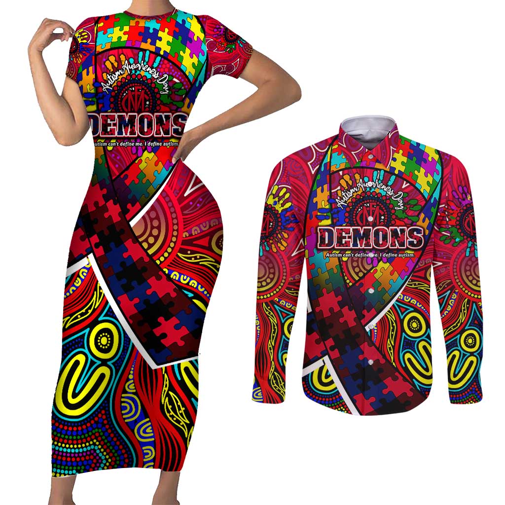 Autism Awareness Australia Melbourne Demons Couples Matching Short Sleeve Bodycon Dress and Long Sleeve Button Shirt Aboriginal Indigenous Art