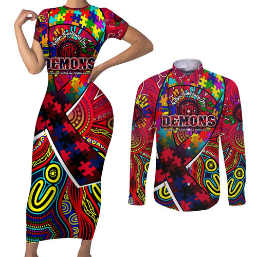 Autism Awareness Australia Melbourne Demons Couples Matching Short Sleeve Bodycon Dress and Long Sleeve Button Shirt Aboriginal Indigenous Art