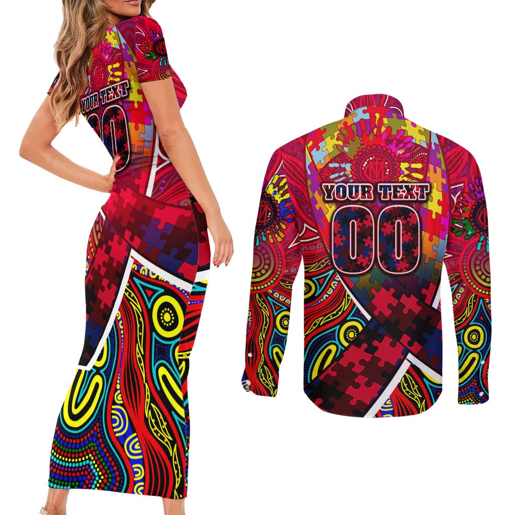 Autism Awareness Australia Melbourne Demons Couples Matching Short Sleeve Bodycon Dress and Long Sleeve Button Shirt Aboriginal Indigenous Art