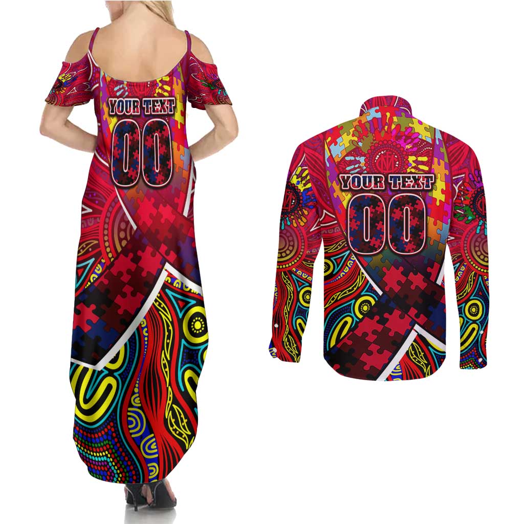Autism Awareness Australia Melbourne Demons Couples Matching Summer Maxi Dress and Long Sleeve Button Shirt Aboriginal Indigenous Art