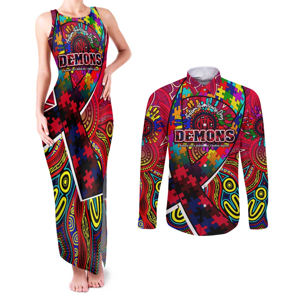 Autism Awareness Australia Melbourne Demons Couples Matching Tank Maxi Dress and Long Sleeve Button Shirt Aboriginal Indigenous Art