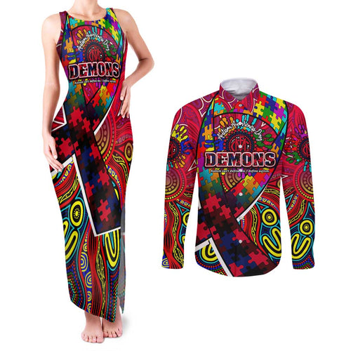 Autism Awareness Australia Melbourne Demons Couples Matching Tank Maxi Dress and Long Sleeve Button Shirt Aboriginal Indigenous Art