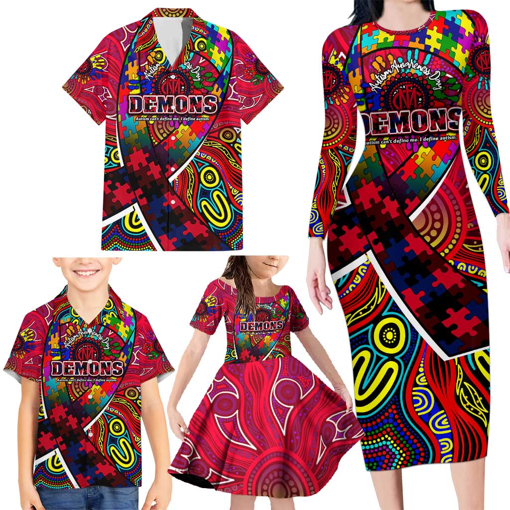 Autism Awareness Australia Melbourne Demons Family Matching Long Sleeve Bodycon Dress and Hawaiian Shirt Aboriginal Indigenous Art