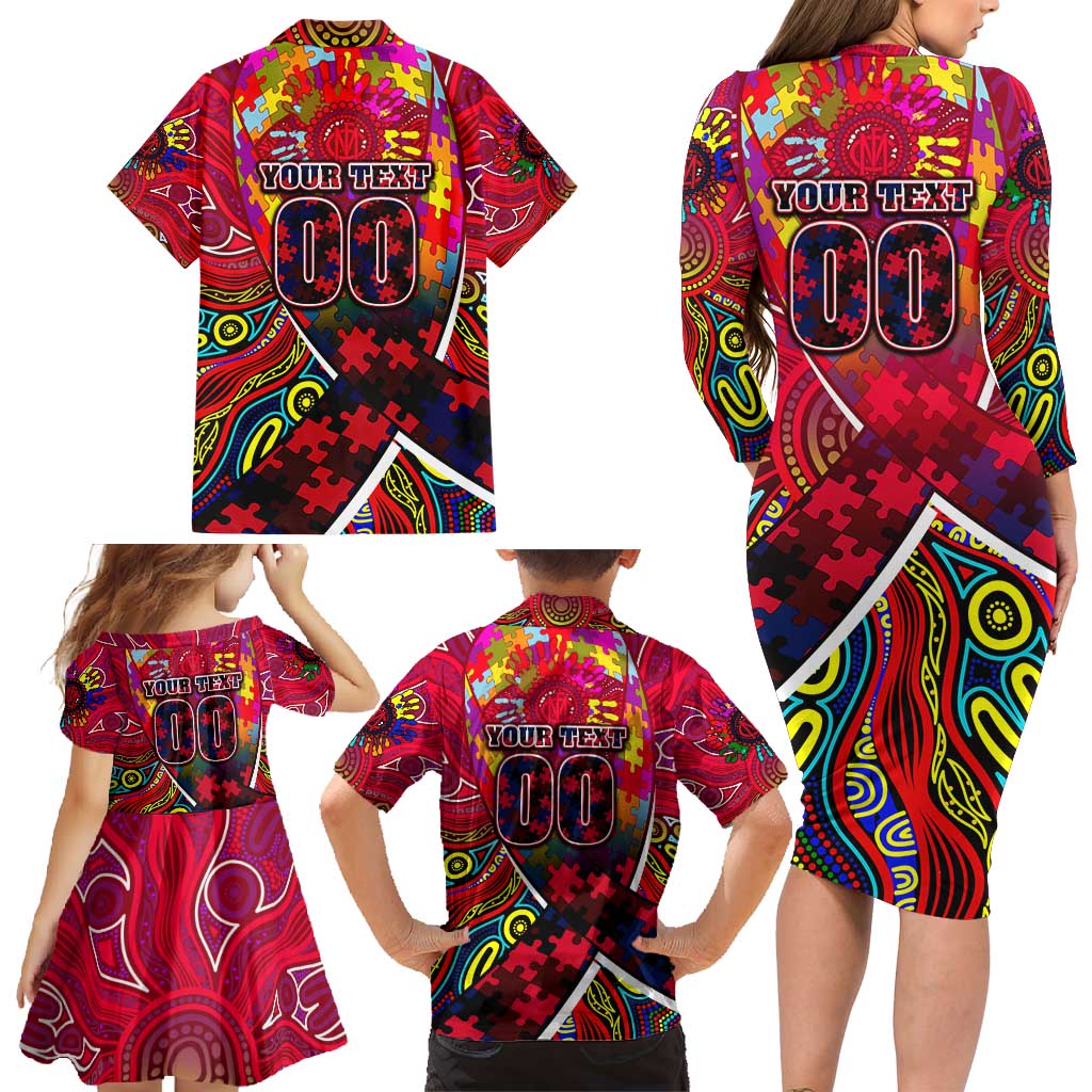 Autism Awareness Australia Melbourne Demons Family Matching Long Sleeve Bodycon Dress and Hawaiian Shirt Aboriginal Indigenous Art